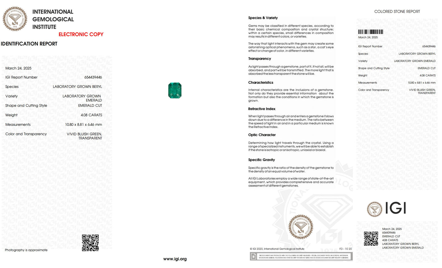 4.08ct International Gemological Institute electronic emerald identification report_Keanis