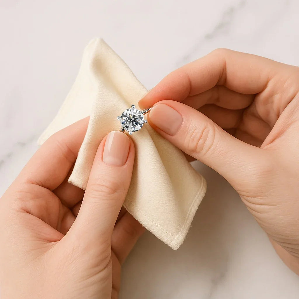 Close-up of hands polishing a diamond ring with a soft cloth. "Jewellery Care.