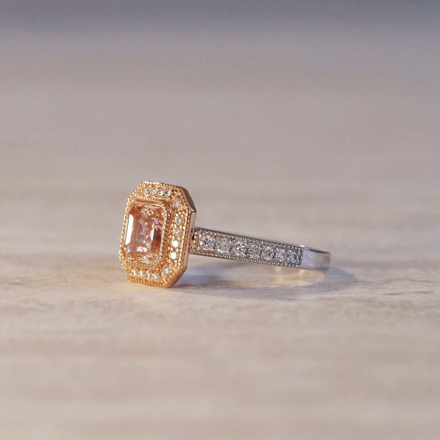 Aveline, IGI 2.11ct Asscher Cut Fancy Intense Pink Lab Diamond, 18K+PT950 Vintage Halo Ring