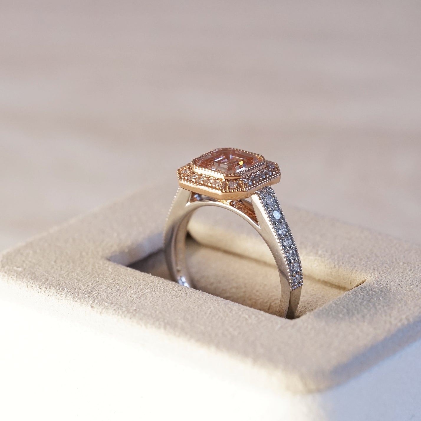 Aveline, IGI 2.11ct Asscher Cut Fancy Intense Pink Lab Diamond, 18K+PT950 Vintage Halo Ring
