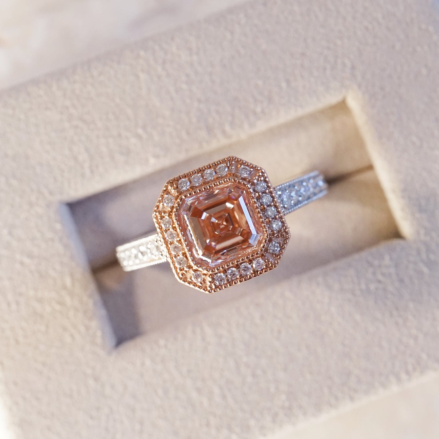 Aveline, IGI 2.11ct Asscher Cut Fancy Intense Pink Lab Diamond, 18K+PT950 Vintage Halo Ring