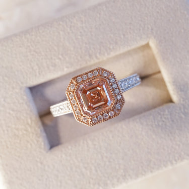 Aveline, IGI 2.11ct Asscher Cut Fancy Intense Pink Lab Diamond, 18K+PT950 Vintage Halo Ring