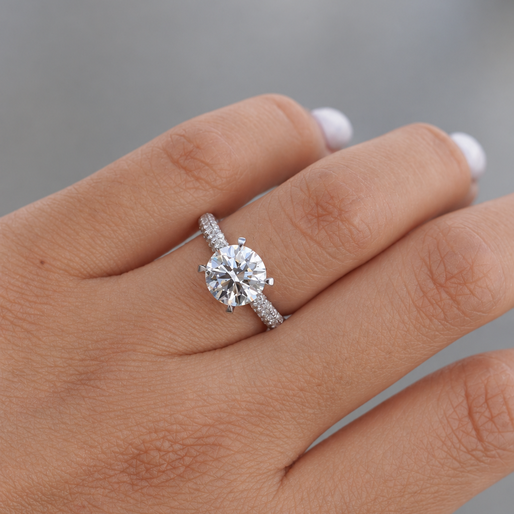 Clarisse, Round Brilliant Diamond Triple Pavé Ring with Hidden Halo