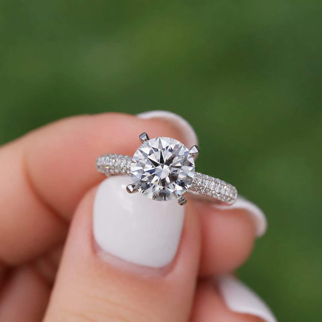 Clarisse, Round Brilliant Diamond Triple Pavé Ring with Hidden Halo