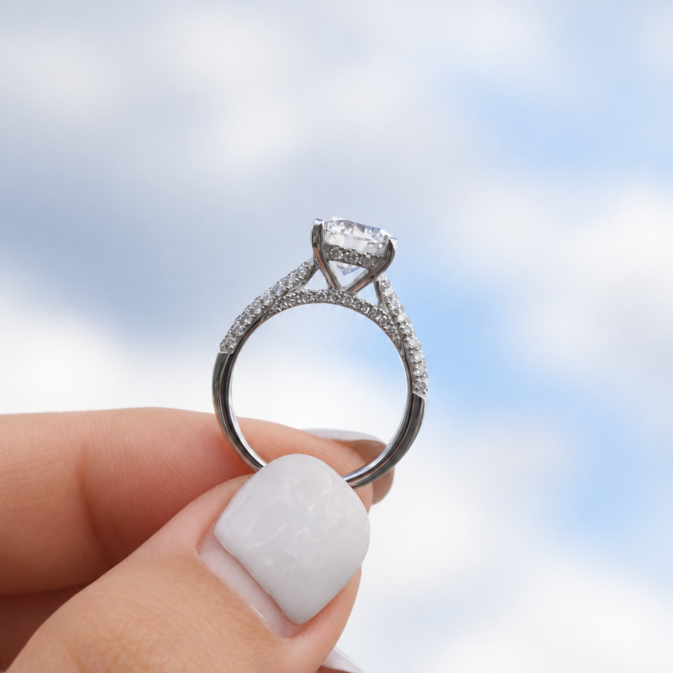 Clarisse, Round Brilliant Diamond Triple Pavé Ring with Hidden Halo