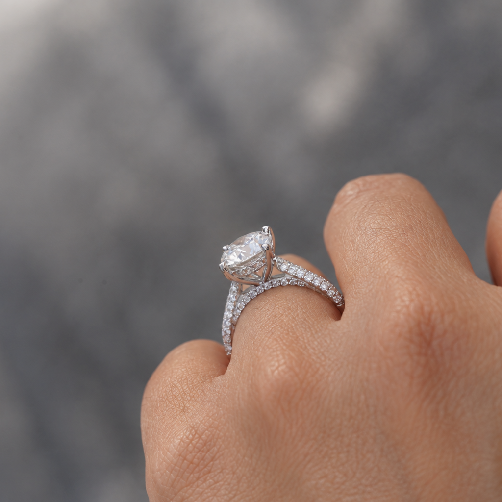 Clarisse, Round Brilliant Diamond Triple Pavé Ring with Hidden Halo