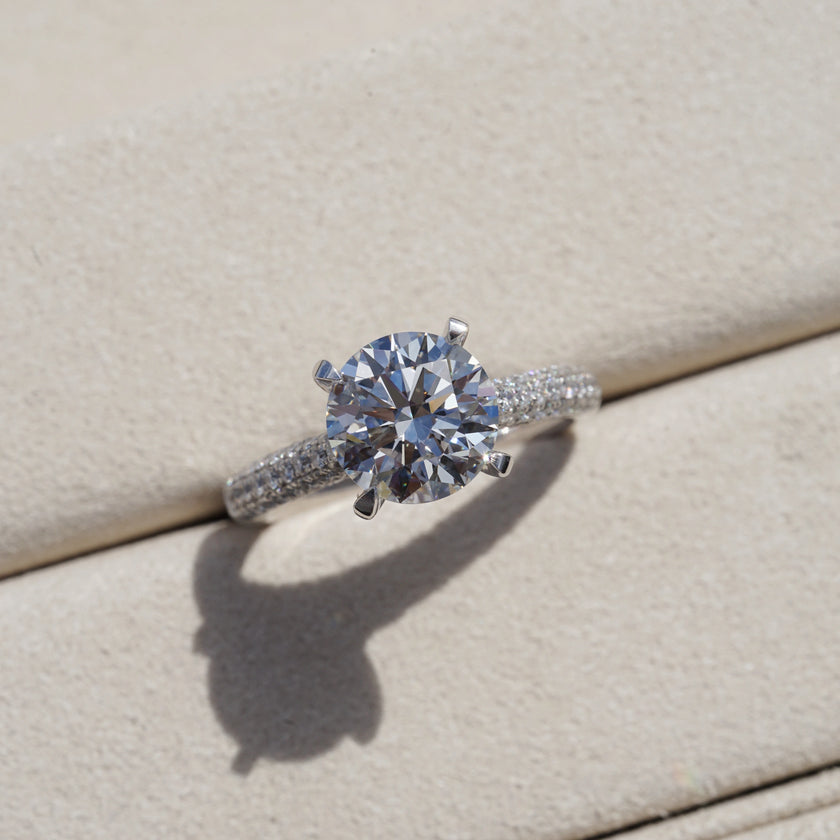 Clarisse, Round Brilliant Diamond Triple Pavé Ring with Hidden Halo