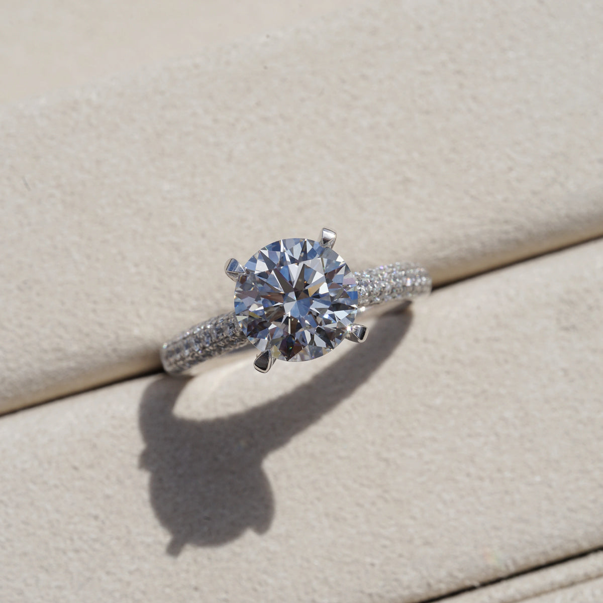 Clarisse, Round Brilliant Diamond Triple Pavé Ring with Hidden Halo