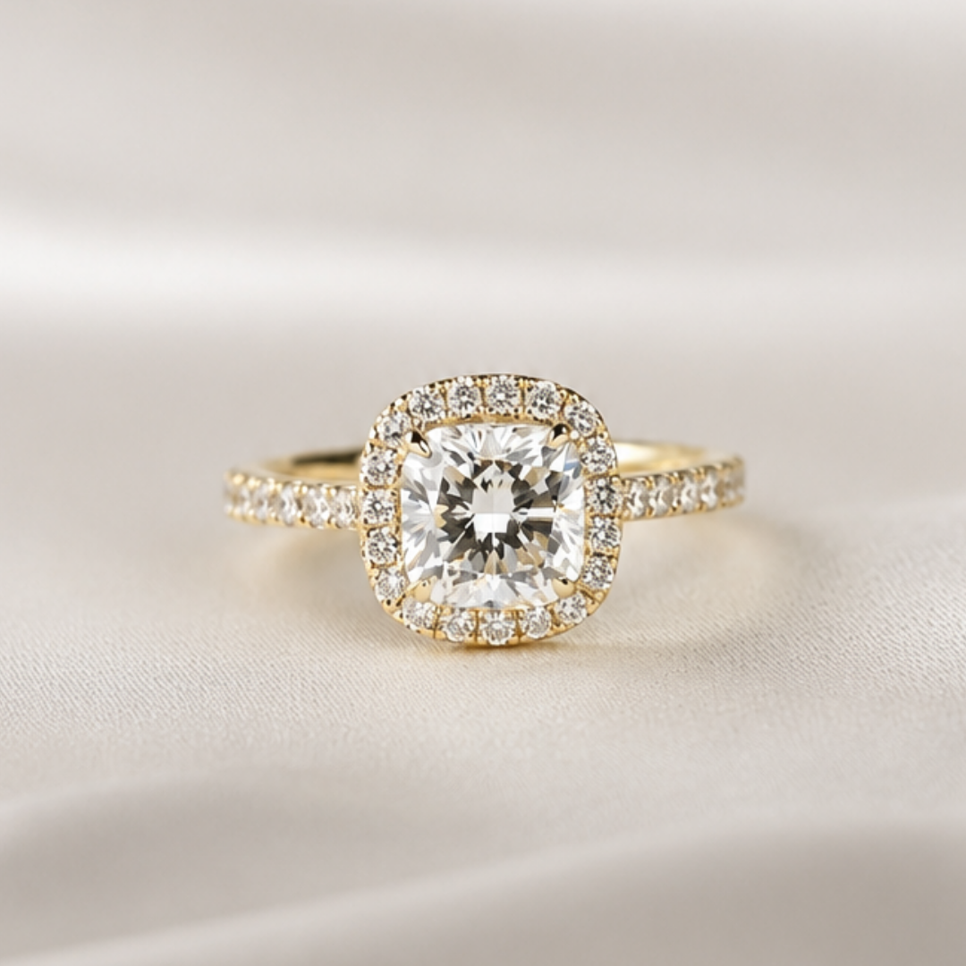 Stella, IGI 1.5ct Cushion Lab Diamond,  18K Yellow Gold Halo Pavé Ring