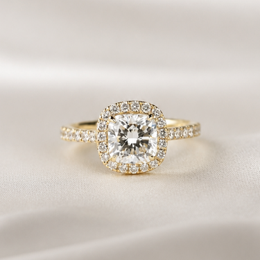 Stella, IGI 1.5ct Cushion Lab Diamond,  18K Yellow Gold Halo Pavé Ring