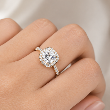 Stella, IGI 1.5ct Cushion Lab Diamond,  18K Yellow Gold Halo Pavé Ring