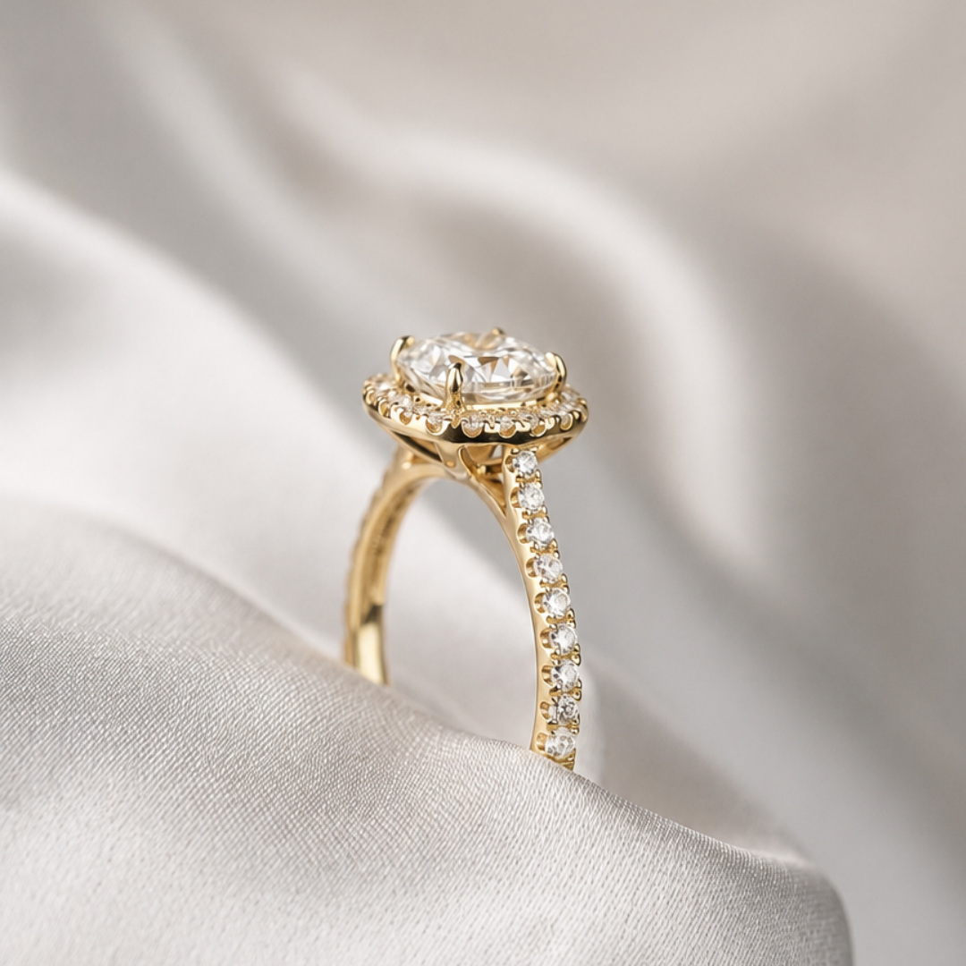 Stella, IGI 1.5ct Cushion Lab Diamond,  18K Yellow Gold Halo Pavé Ring