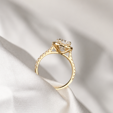 Stella, IGI 1.5ct Cushion Lab Diamond,  18K Yellow Gold Halo Pavé Ring