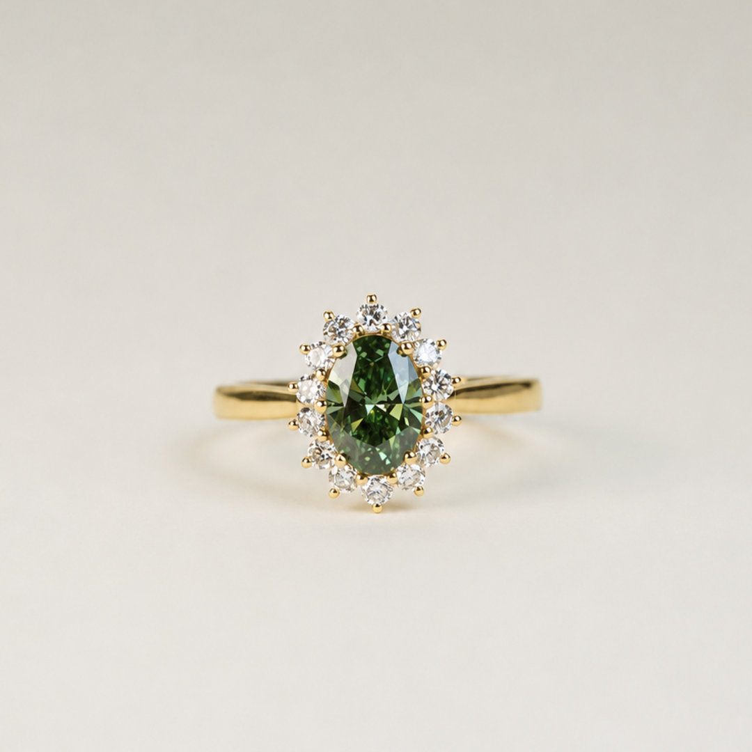 Lavinia, IGI 1.0ct Vintage Oval-Cut Fancy Vivid Green Lab Diamond , 18K Yellow Gold Halo Engagement Ring