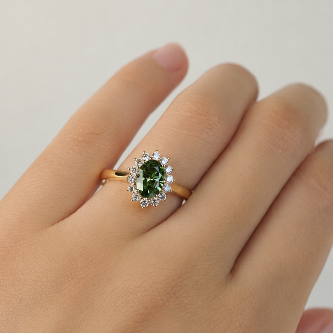 Lavinia, IGI 1.0ct Vintage Oval-Cut Fancy Vivid Green Lab Diamond , 18K Yellow Gold Halo Engagement Ring