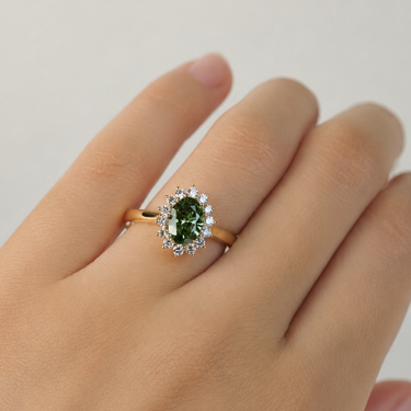 Lavinia, IGI 1.0ct Vintage Oval-Cut Fancy Vivid Green Lab Diamond , 18K Yellow Gold Halo Engagement Ring