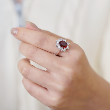 Rosie, IGI 3.27ct Oval Cut Lab Ruby, PT950 Rose Cut Halo Engagement Ring