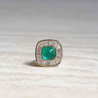 Sugarloaf, 5.52ct Cabochon Lab Emerald, 18K Yellow Gold Halo Vintage Ballerina Ring