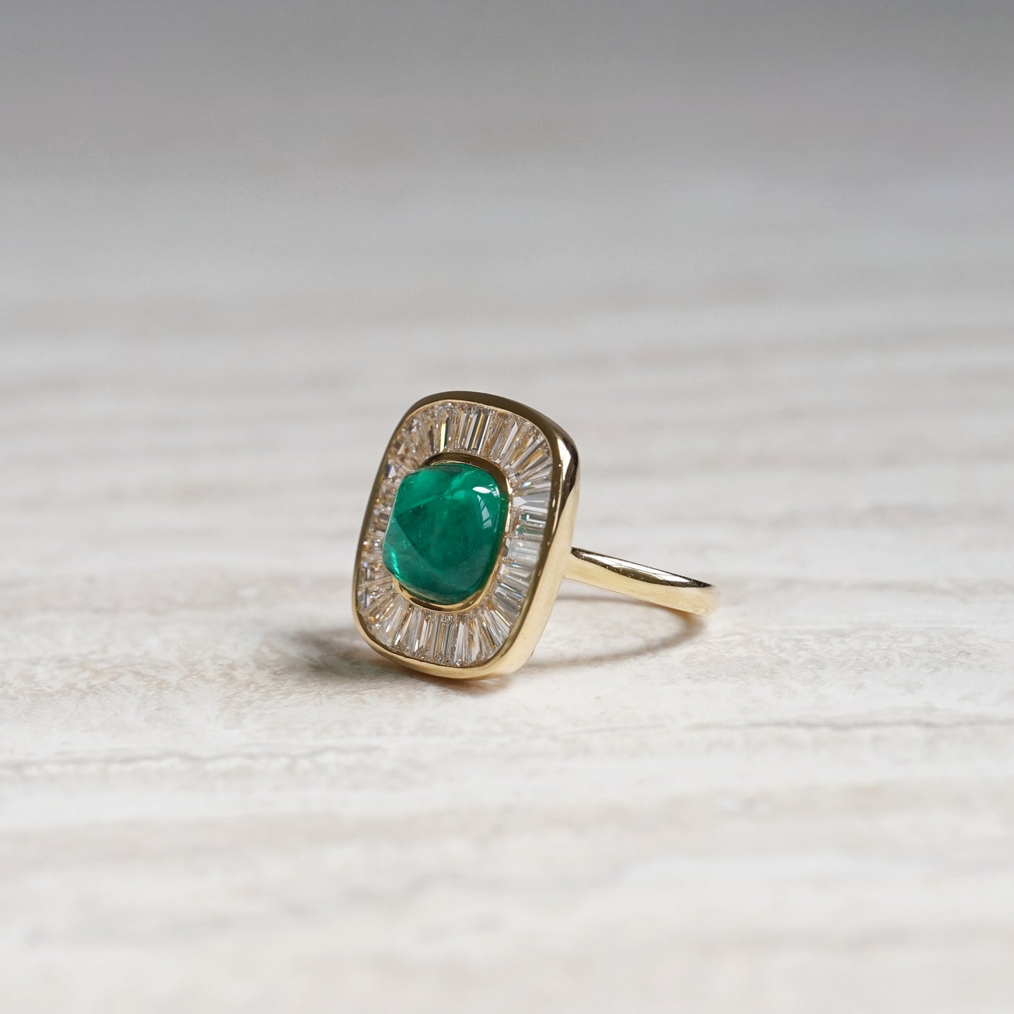 Sugarloaf, 5.52ct Cabochon Lab Emerald, 18K Yellow Gold Halo Vintage Ballerina Ring