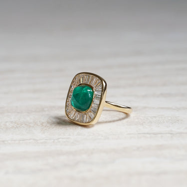 Sugarloaf, 5.52ct Cabochon Lab Emerald, 18K Yellow Gold Halo Vintage Ballerina Ring