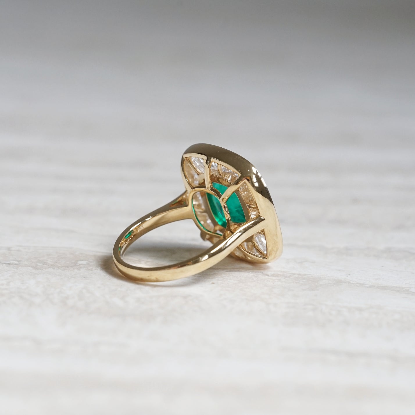 Sugarloaf, 5.52ct Cabochon Lab Emerald, 18K Yellow Gold Halo Vintage Ballerina Ring