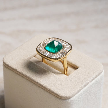 Sugarloaf, 5.52ct Cabochon Lab Emerald, 18K Yellow Gold Halo Vintage Ballerina Ring