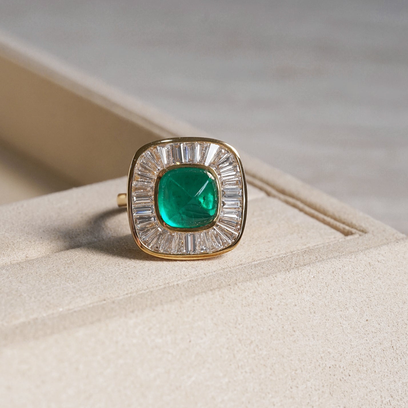 Sugarloaf, 5.52ct Cabochon Lab Emerald, 18K Yellow Gold Halo Vintage Ballerina Ring