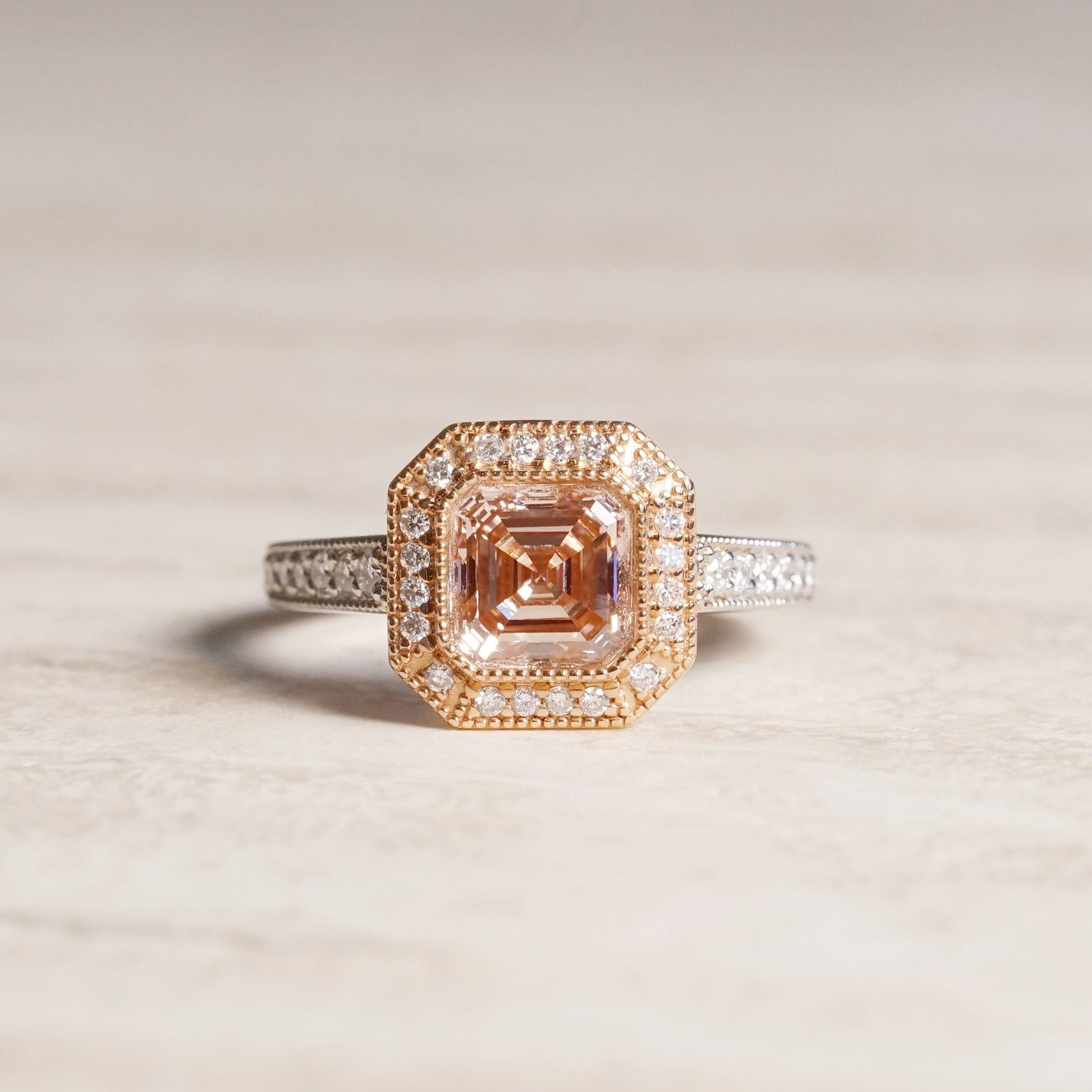 Aveline, IGI 2.11ct Asscher Cut Fancy Intense Pink Lab Diamond, 18K+PT950 Vintage Halo Ring