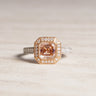 Aveline, IGI 2.11ct Asscher Cut Fancy Intense Pink Lab Diamond, 18K+PT950 Vintage Halo Ring