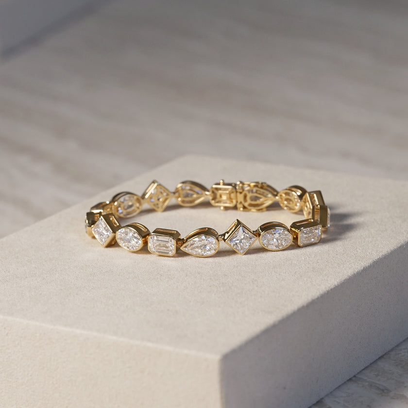 IGI 17.88ct Mixed Fancy Cuts Lab Diamond, 18K Yellow Gold Bezel Tennis Bracelet