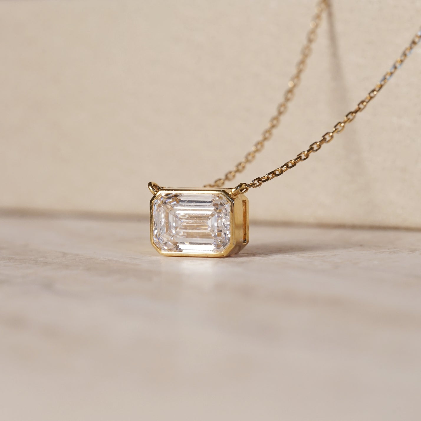IGI 2.06ct Emerald Cut Lab Diamond, 18K Yellow Gold Bezel Set Necklace
