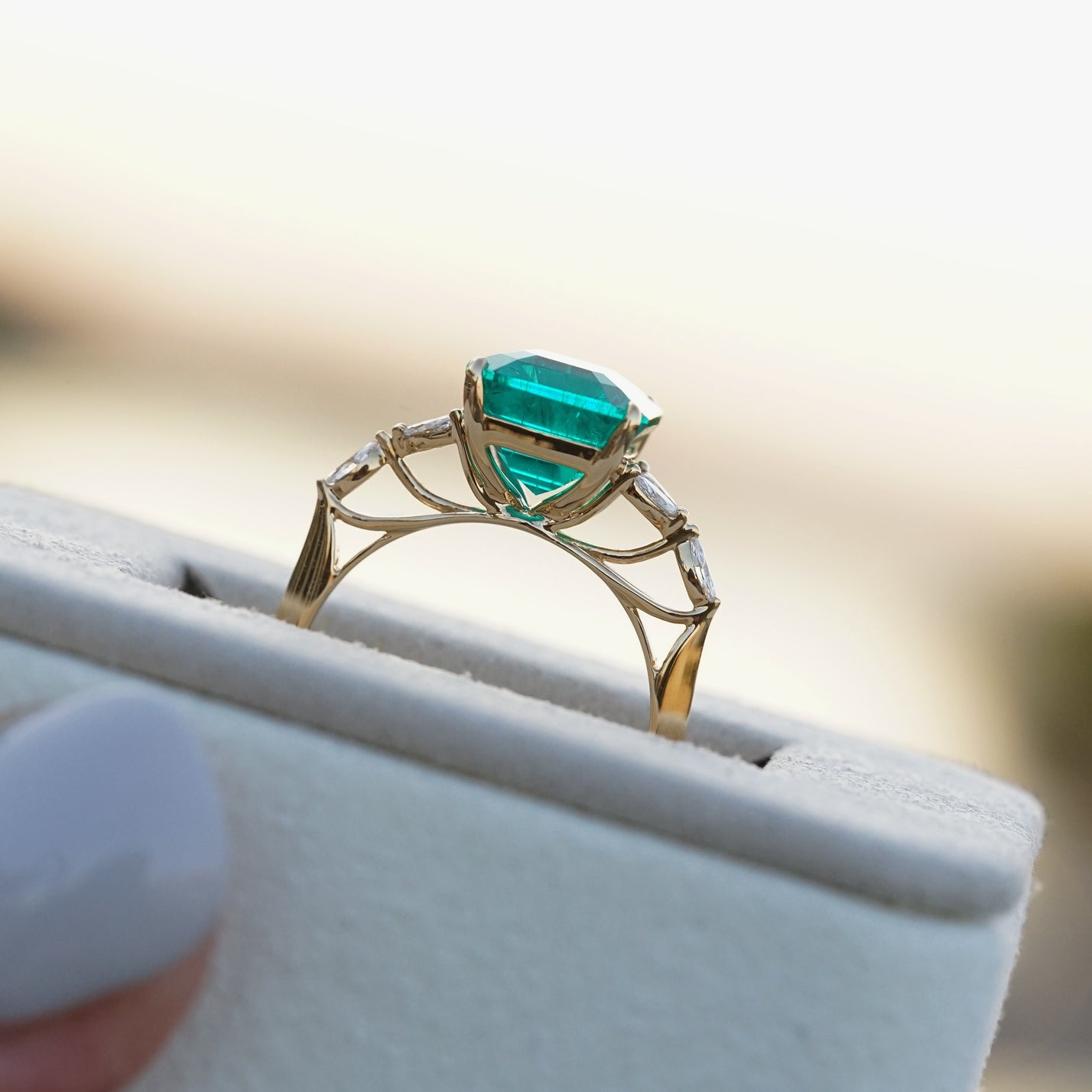 Blossom, IGI 4.08ct Emerald Cut Emerald, 18K Yellow Gold Engagement Ring