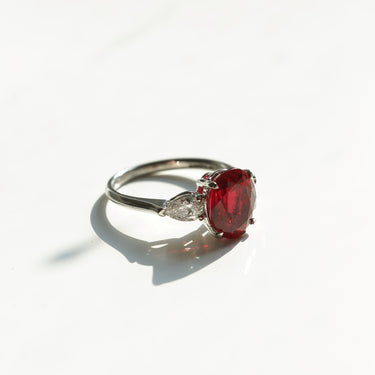 Charlotte, IGI 4.24ct Oval Cut Lab Ruby, PT950 Trilogy Ring