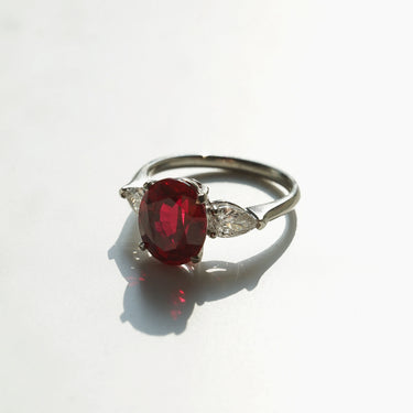 Charlotte, IGI 4.24ct Oval Cut Lab Ruby, PT950 Trilogy Ring