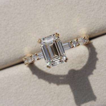 Edith, IGI 2.07ct D VVS2 Emerald Cut Lab Diamond, 18K Yellow Gold Ring with Round & Baguette Pavé
