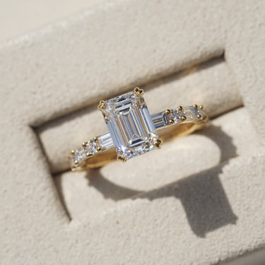 Edith, IGI 2.07ct D VVS2 Emerald Cut Lab Diamond, 18K Yellow Gold Ring with Round & Baguette Pavé