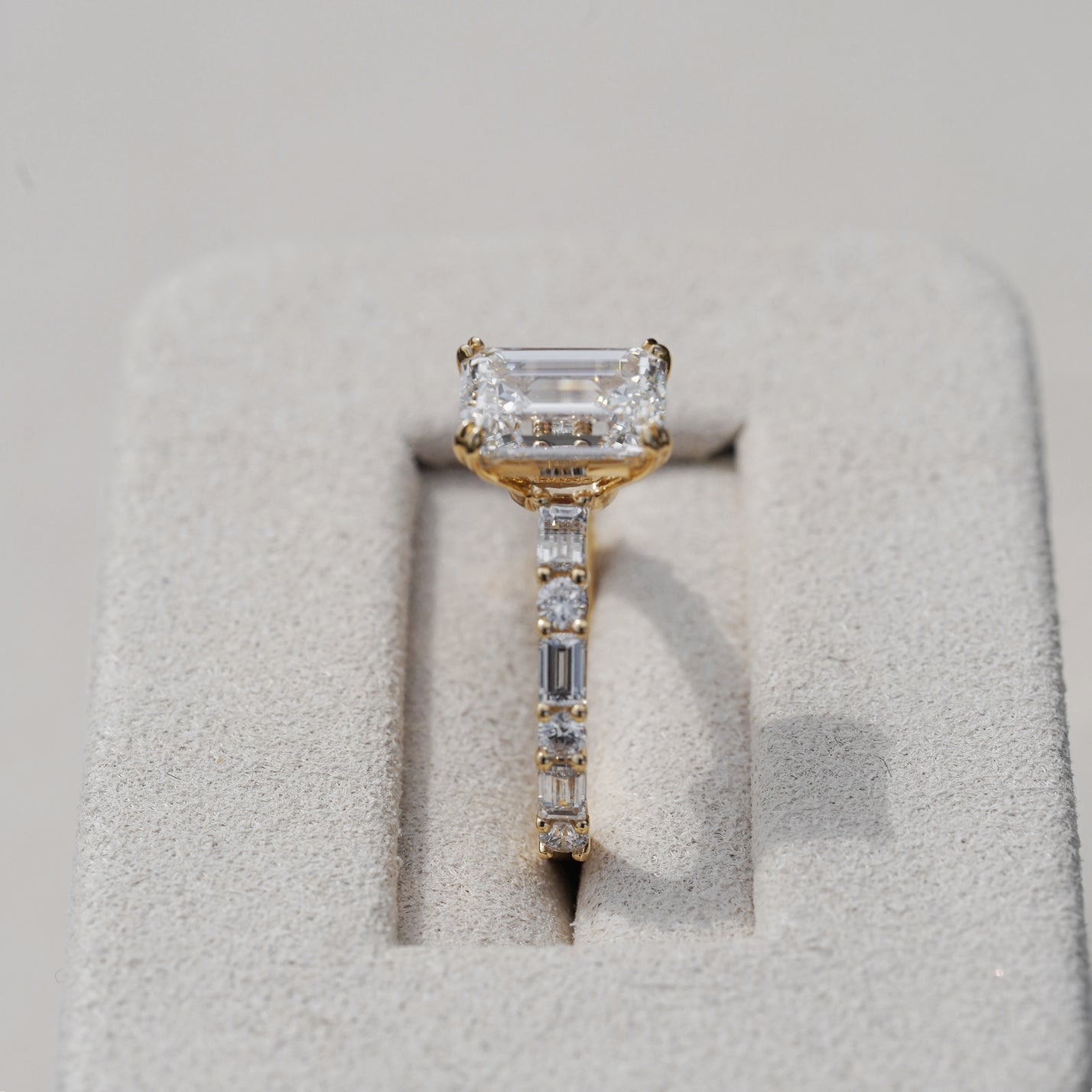 Edith, IGI 2.07ct D VVS2 Emerald Cut Lab Diamond, 18K Yellow Gold Ring with Round & Baguette Pavé