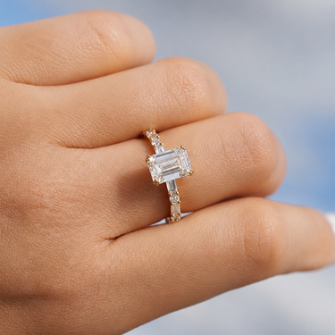 Edith, IGI 2.07ct D VVS2 Emerald Cut Lab Diamond, 18K Yellow Gold Ring with Round & Baguette Pavé