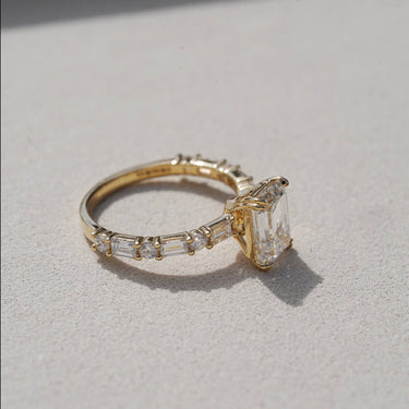 Edith, IGI 2.07ct D VVS2 Emerald Cut Lab Diamond, 18K Yellow Gold Ring with Round & Baguette Pavé