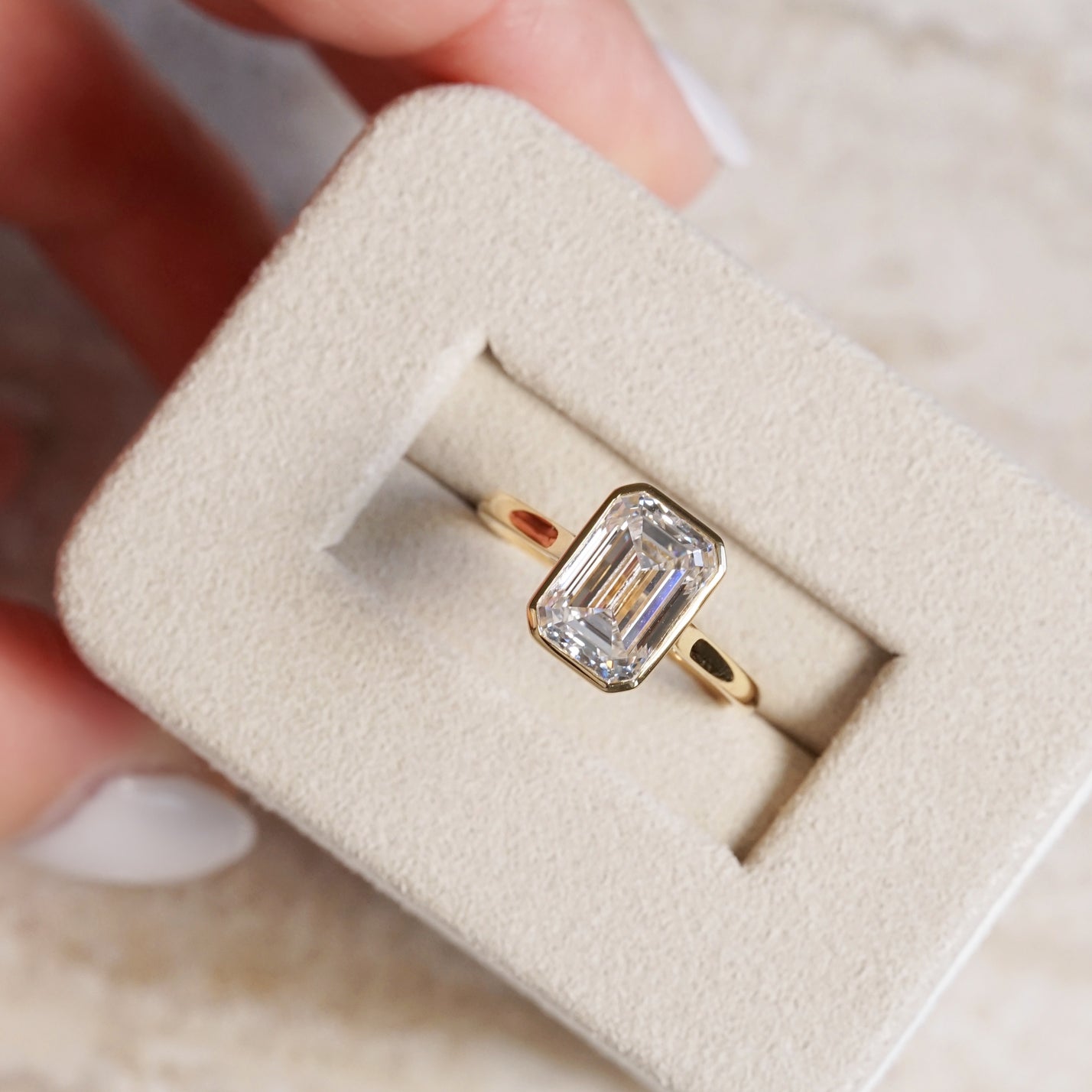 Ellie, IGI 3.08ct Emerald Cut Lab Diamond, 18K Yellow Gold Bezel Solitaire Ring
