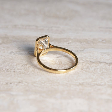 Ellie, IGI 3.08ct Emerald Cut Lab Diamond, 18K Yellow Gold Bezel Solitaire Ring