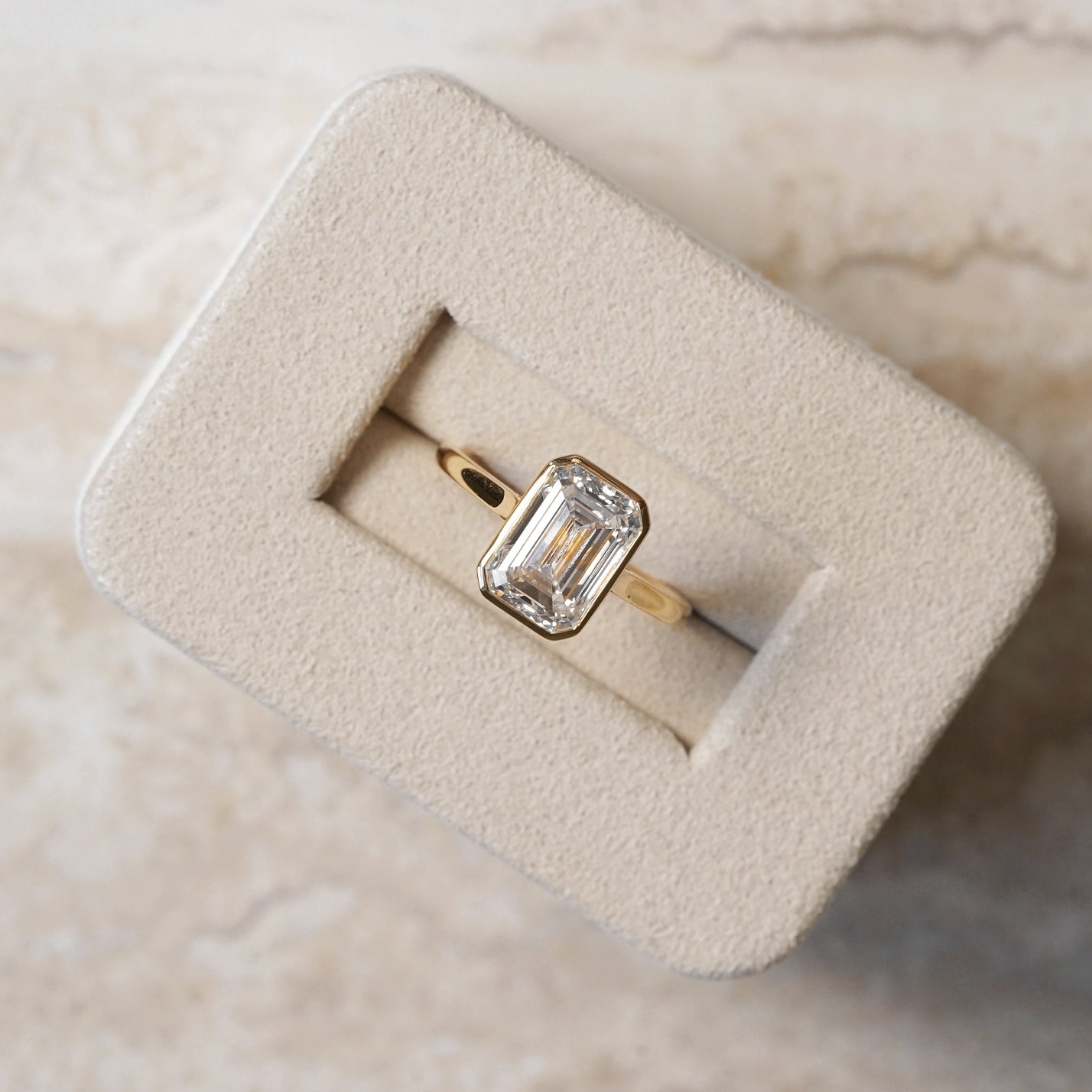 Ellie, IGI 3.08ct Emerald Cut Lab Diamond, 18K Yellow Gold Bezel Solitaire Ring