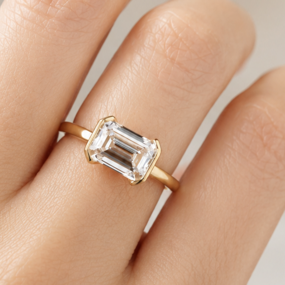 Ellis, IGI 2.06 D VVS2 Emerald Cut Lab Diamond, 18K Yellow Gold Half Bezel Ring