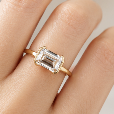 Ellis, IGI 2.06 D VVS2 Emerald Cut Lab Diamond, 18K Yellow Gold Half Bezel Ring