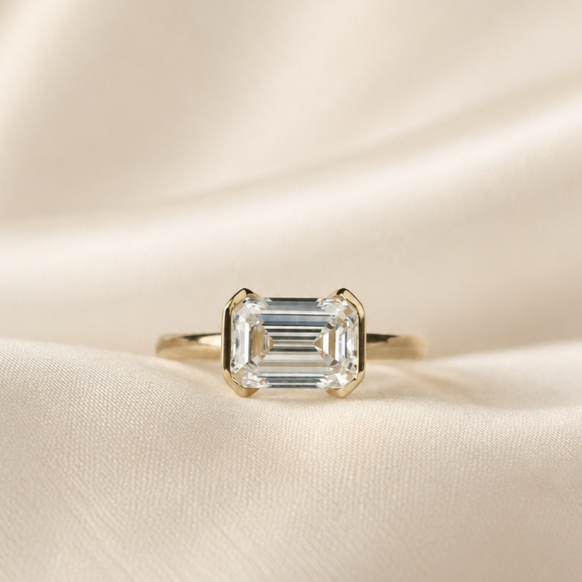 Ellis, IGI 2.06 D VVS2 Emerald Cut Lab Diamond, 18K Yellow Gold Half Bezel Ring
