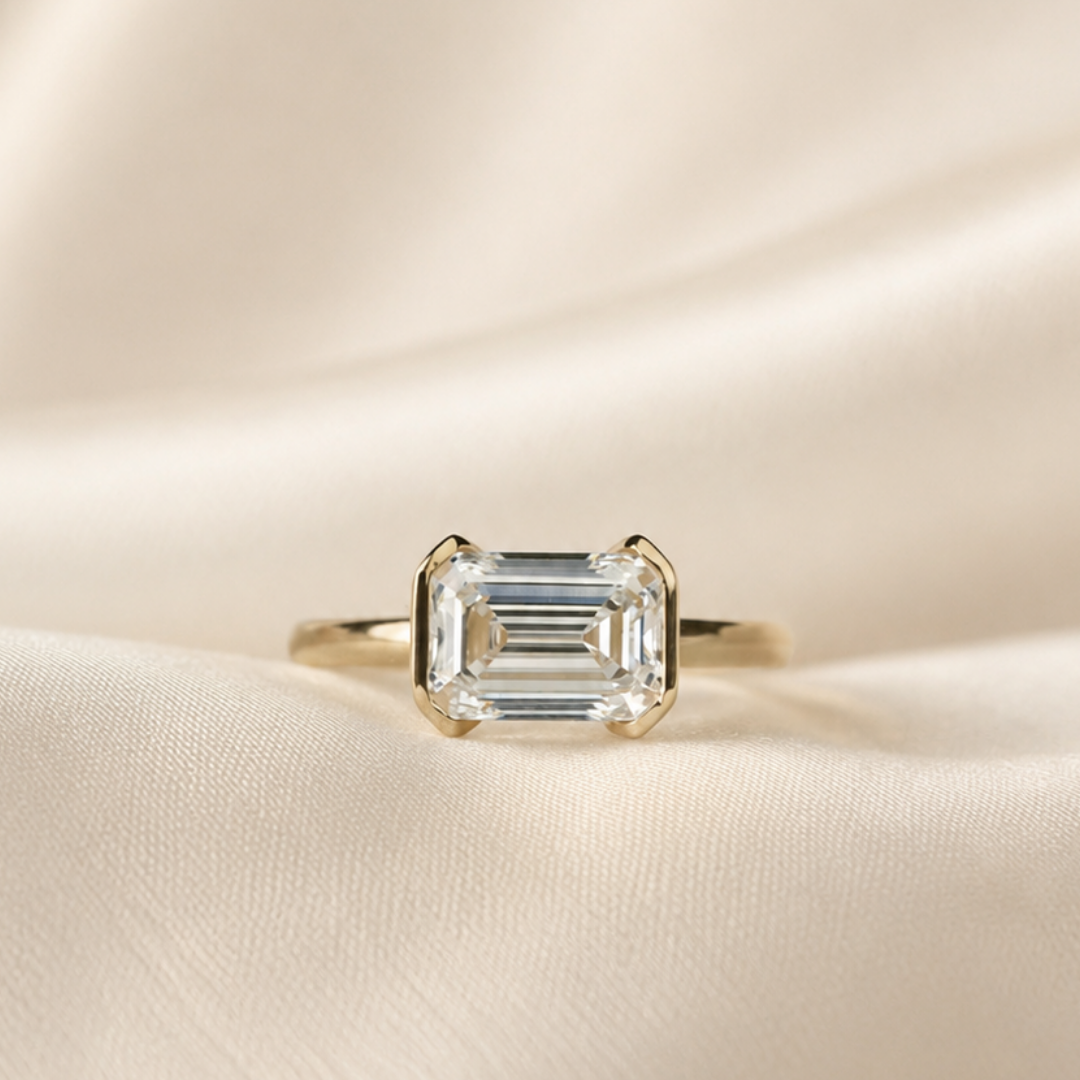 Ellis, IGI 2.06 D VVS2 Emerald Cut Lab Diamond, 18K Yellow Gold Half Bezel Ring