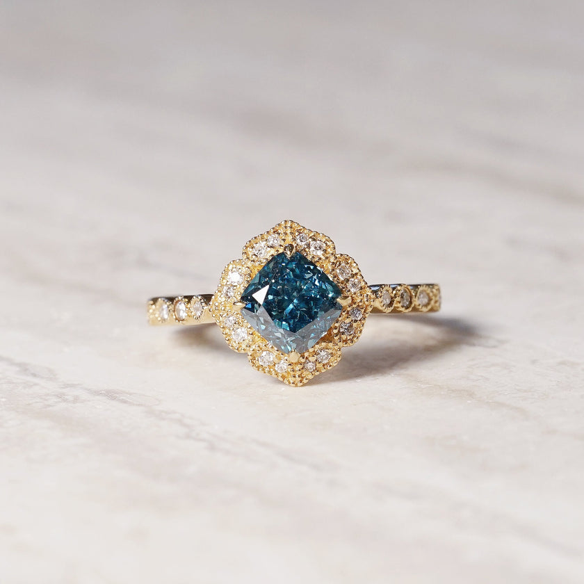 Octavia, IGI 1.56ct Cushion Fancy Vivid Blue Lab Diamond, 18K Yellow Gold Vintage Halo Ring