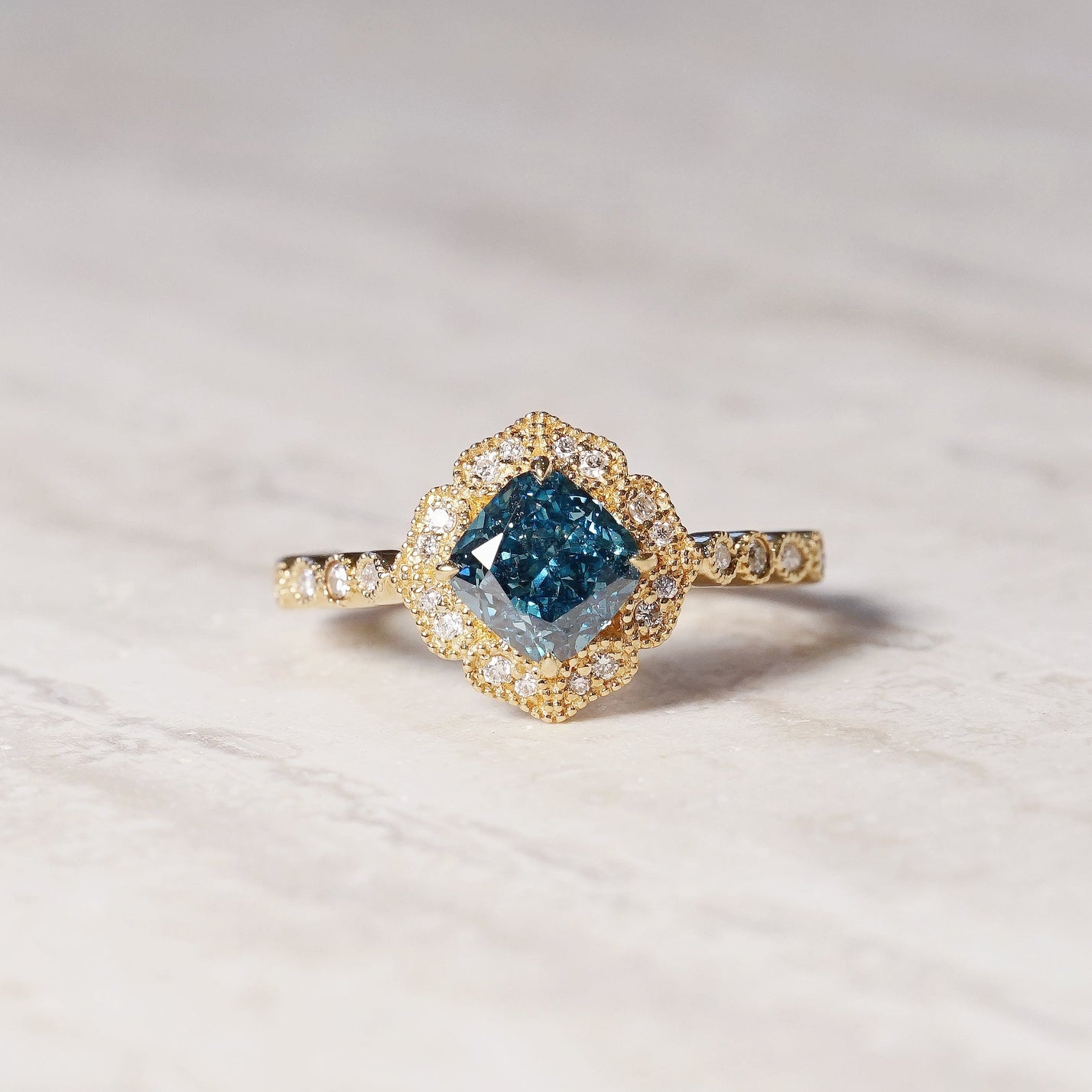 Octavia, IGI 1.56ct Cushion Fancy Vivid Blue Lab Diamond, 18K Yellow Gold Vintage Halo Ring