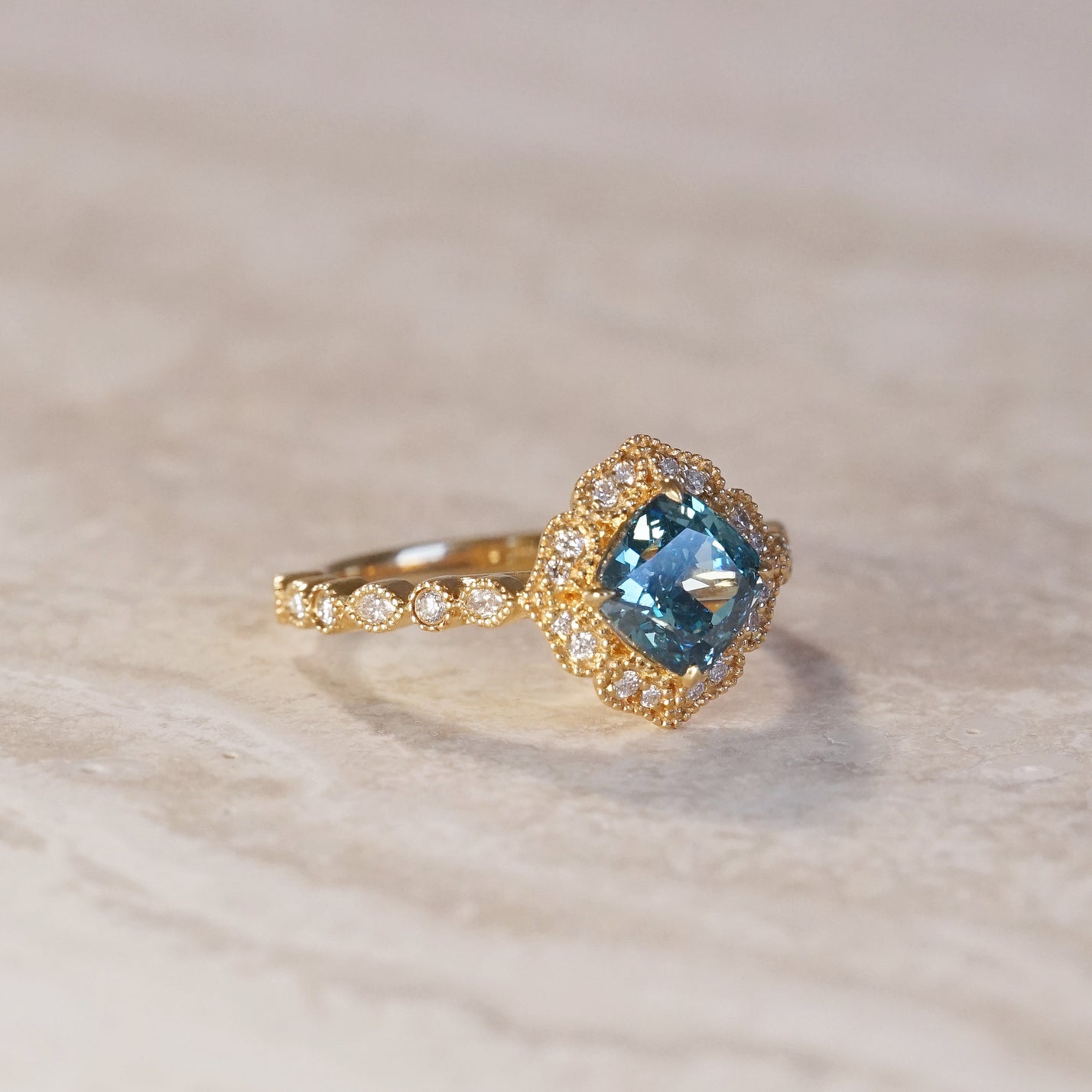 Octavia, IGI 1.56ct Cushion Fancy Vivid Blue Lab Diamond, 18K Yellow Gold Vintage Halo Ring