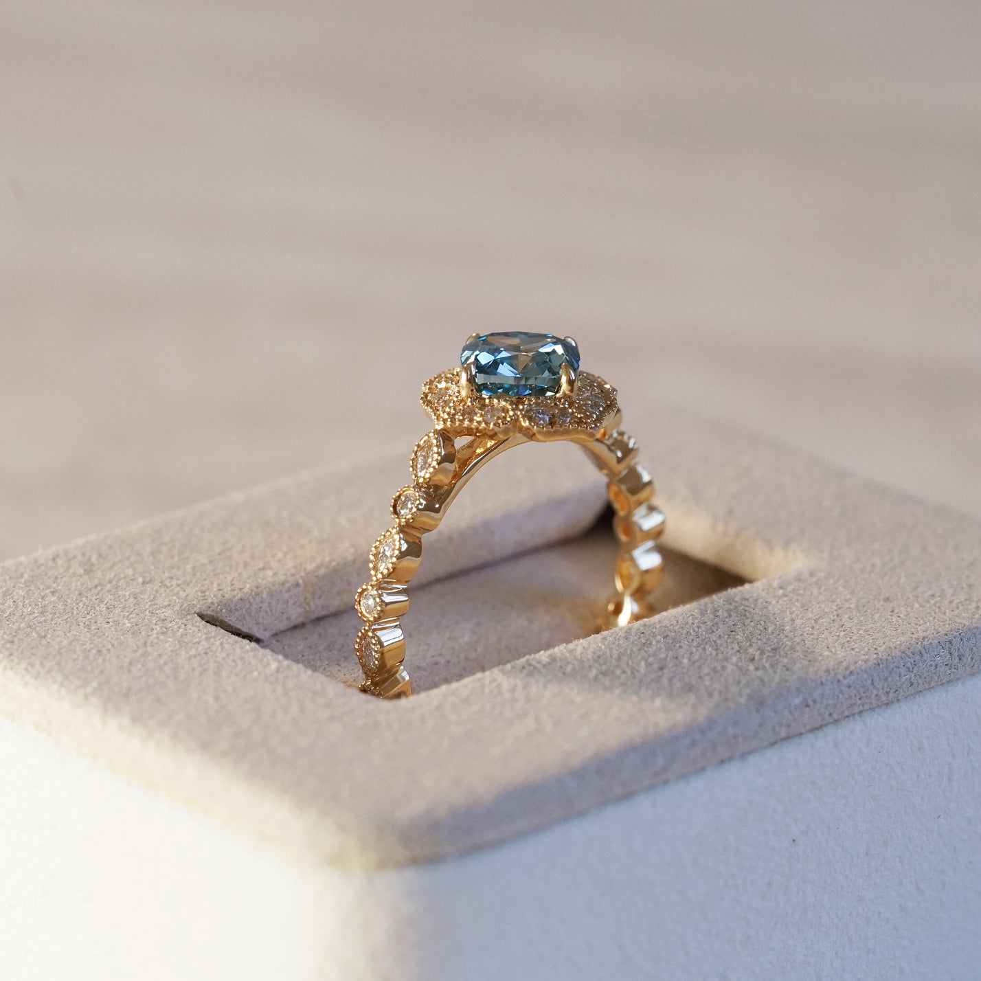 Octavia, IGI 1.56ct Cushion Fancy Vivid Blue Lab Diamond, 18K Yellow Gold Vintage Halo Ring